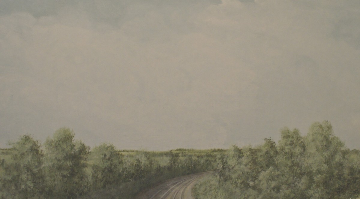 Work in progress on a 2D section, with some branches and detail still to be included. This quiet open landscape is lit from the left with even cloud cover, and a low horizon taken from the layout's optimum viewing height.