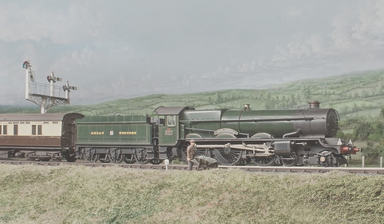 No 6011, 'King James 1' in the original 1928 condition, runs along the embankment with an up express. 