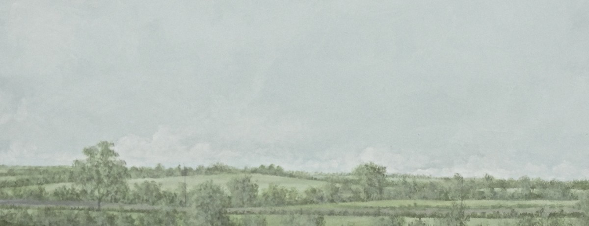 This is just to the right of Sedgehill, and the accompanying outline shows the slightly rising meadow at centre skyline with three large trees at hedgerow to right, and woodland to left. Martin wanted the sky at this aspect of Semley's panorama to present a featureless light cloud cover, unlike the more dynamic cumulus clouds at the eastern view.